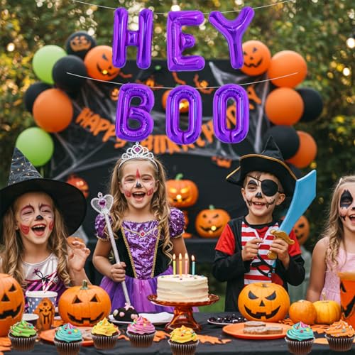 TONIFUL 16-Inch Purple Hey Boo Foil Balloons for Halloween Party
