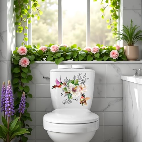 Bathroom Floral Wall Stickers with Hummingbirds & Butterflies - Waterproof & Removable Toilet Seat Decals