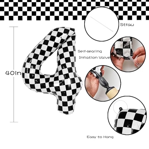 40 Inch Checkered Number 4 Balloon - Black & White Helium Decor