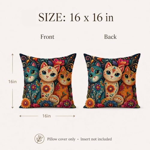 SheEasy 16x16 Inch Colorful Cats Pillow Cover - Farmhouse Linen Decor, Pack of 1