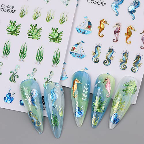 3D Sea Animals Nail Art Stickers - Holographic Ocean Shell & Fish Decals (8 Sheets)