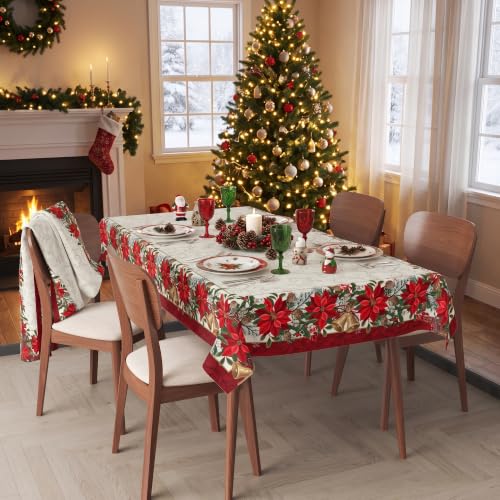 Christmas Poinsettia Tablecloth 60x84 Inch - Red Floral Holiday Table Cover with Gold Bells & Pine Cones - Waterproof Decor
