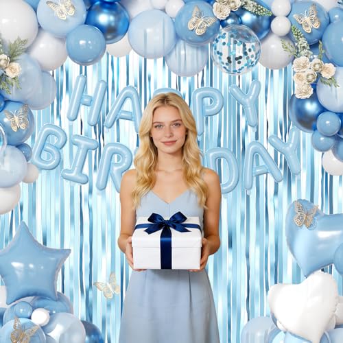 Dusty Blue Birthday Decorations Set for Girls & Women | Balloons & Fringe Curtains