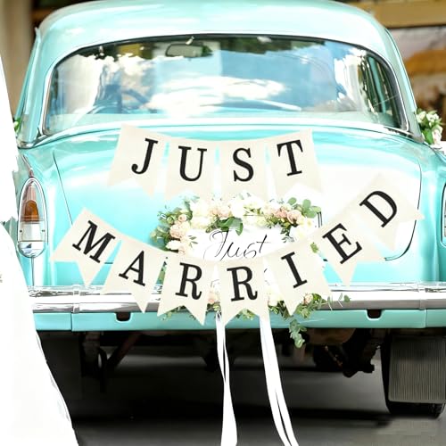 Rustic Burlap 'Just Married' Wedding Car Banner - Pre-Assembled Wedding Decor