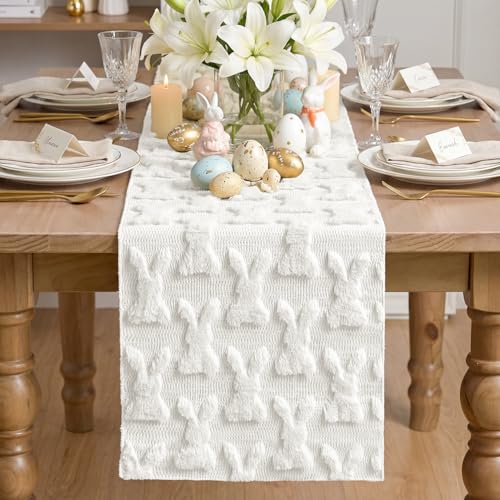 White Faux Fur Bunny Rabbit Easter Table Runner 13x36 Inch - Seasonal Home Decor