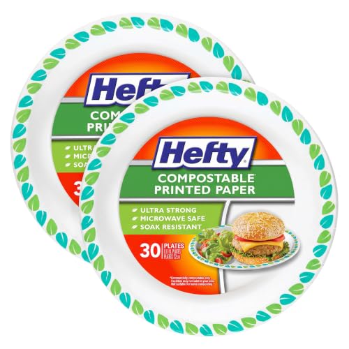 Hefty 8.6 Inch Compostable Paper Plates - Pack of 30, Patterned, Microwave Safe, Soak-Resistant, Plant-Based, Disposable Party Plates