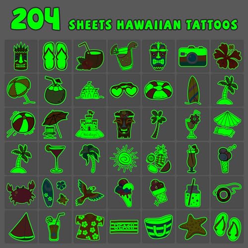 EMOME Glow in the Dark Temporary Tattoos for Kids 204 Sheets Hawaiian Luau Party Favors