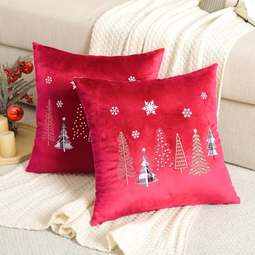 Tosleo Christmas Tree Velvet Throw Pillow Covers, 18x18 Inch - Set of 2