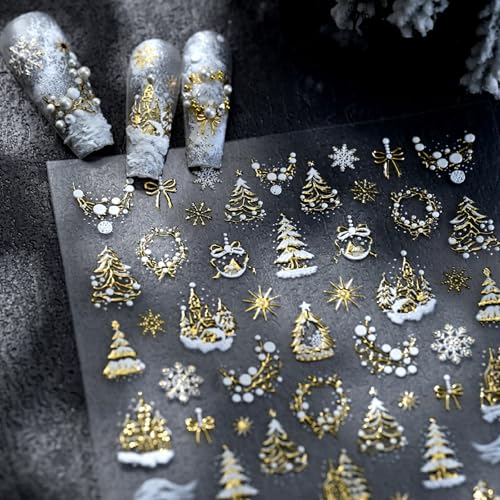 5D Embossed Christmas Nail Art Stickers Self-Adhesive Gold Silver Winter Decals
