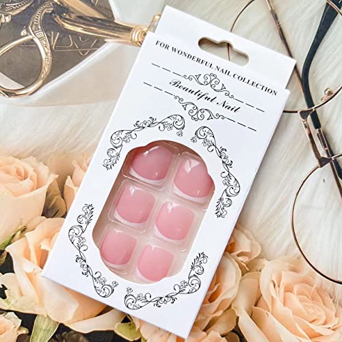 Short Pink Press On Toenails White French Tips Square False Toe Nails