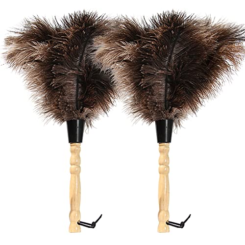 iHUFeather 14-Inch Ostrich Feather Duster - 2 Pieces, Eco-Friendly with Wooden Handle