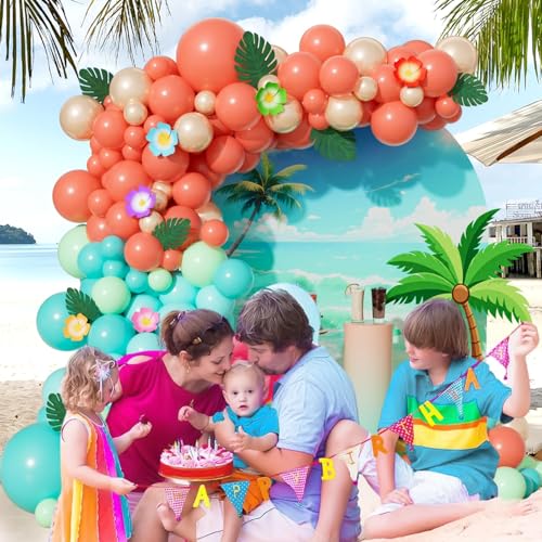 151pcs Tropical Balloon Arch Kit - Coral Red, Green, Blue, Gold