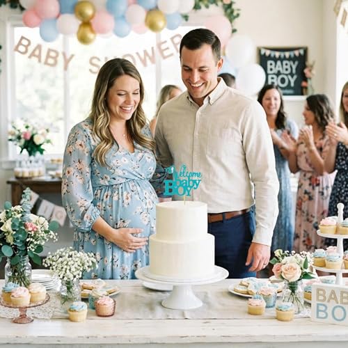 Blue Glitter Welcome Baby Boy Cake Topper for Baby Showers