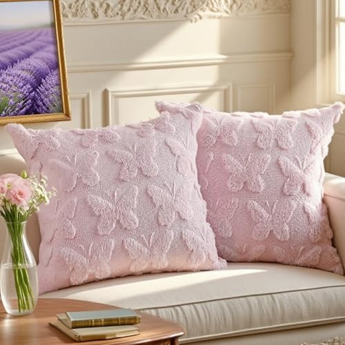Pink Butterfly Pillow Covers Set of 2 18x18 Inch Faux Fur Decorative Throw Pillows