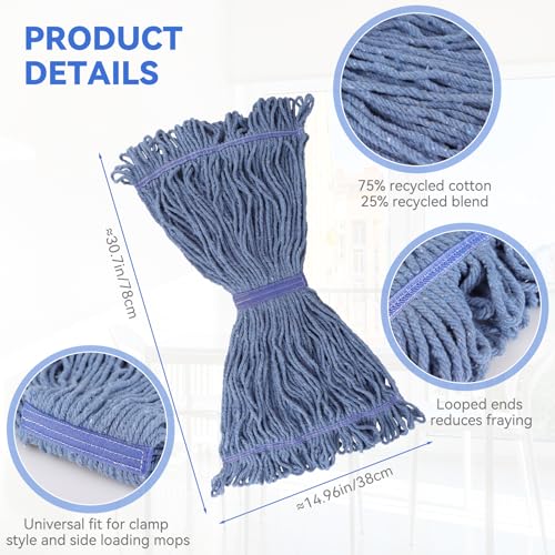 BeiLan Heavy Duty Cotton Wet Mop Head Replacement - 16 oz Blue Looped-End