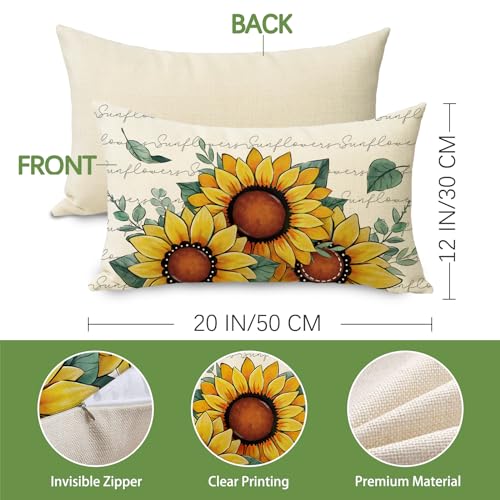 Sunflower Lumbar Throw Pillow Cover, 12x20 Inch Cotton Linen Case