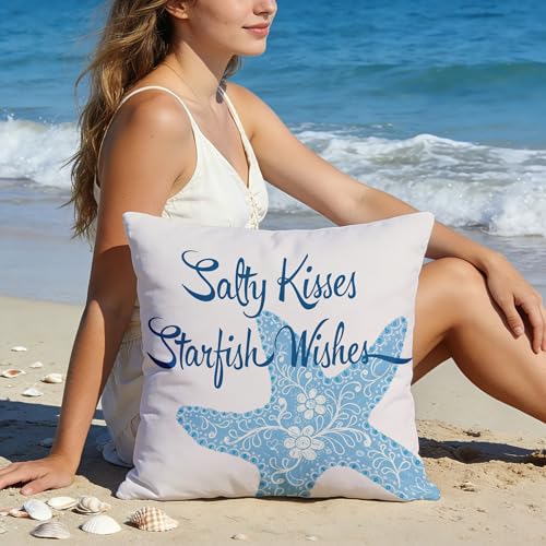 Salty Kisses Starfish Wishes 18x18 Throw Pillow Cover - Summer-02