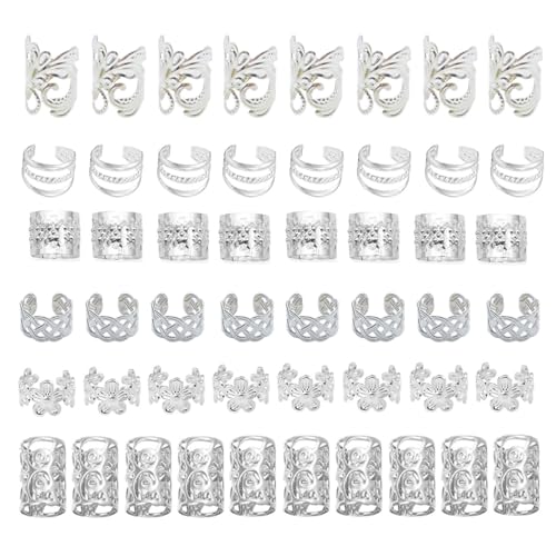 60Pcs Hair Jewelry Braid Cuffs Silver Dreadlock Charms Adjustable Rings