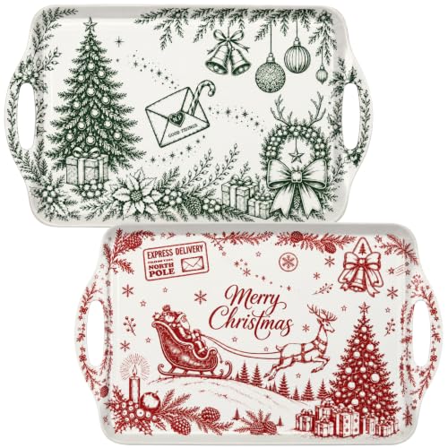 Christmas Serving Trays with Handles - Vintage Red & Green Set of 2, 19 x 11.6 Inch Melamine Platters with Silicone Mats