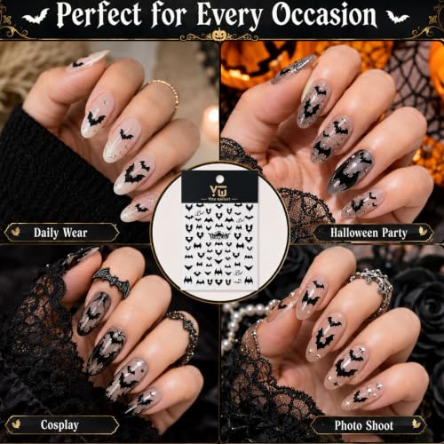 Black Bat Halloween Nail Stickers Self-Adhesive Gothic Nail Decals