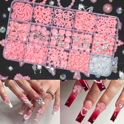 HNUIX 3D Nail Charms Kit with Rhinestones Pearls and Tools