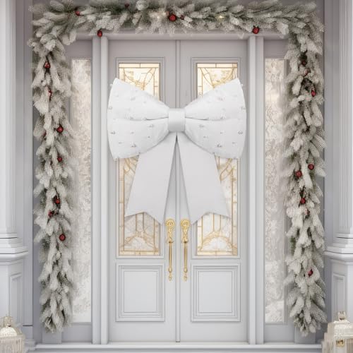 White Christmas Giant Bow with Pearl Satin Decoration for Tree Front Door Holiday Party Outdoor Decor - 24 Inch