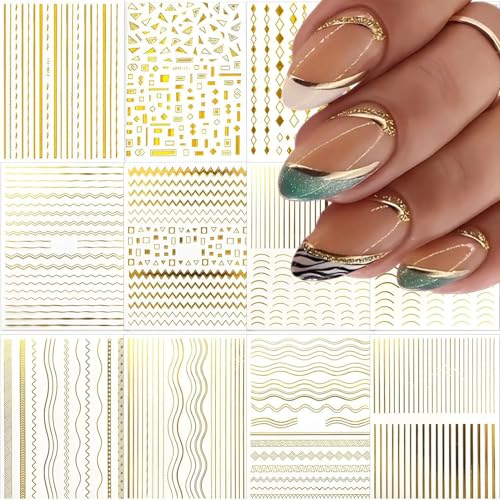 Gold Nail Art Stickers 12 Sheets 3D Self Adhesive French Tips Decals