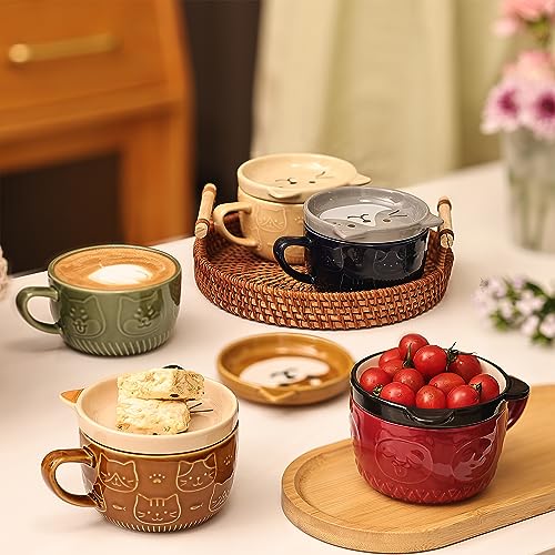 Brown Ceramic Cat Coffee Mug with Lid, Cute Gift for Cat Lovers