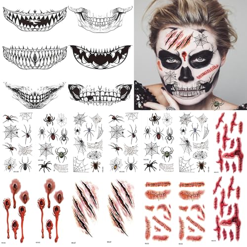 EIKEJI Realistic Halloween Temporary Tattoos - Clown Mouth, Zombie Scars & Spiders