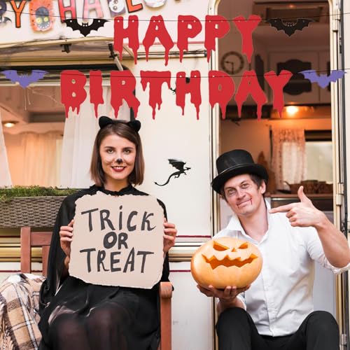 Halloween Happy Birthday Banner with Bat Cutouts - Spooky Decor