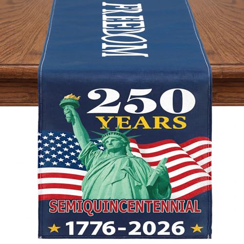 Patriotic 4th of July Table Runner 13x72 Inch - 250th Anniversary Linen Decor