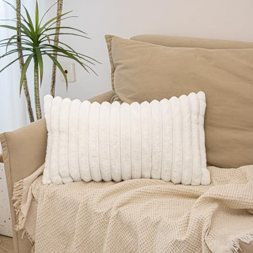 JoraLion Cream Faux Fur Lumbar Pillow Cover 14x24 inch - Soft & Cozy