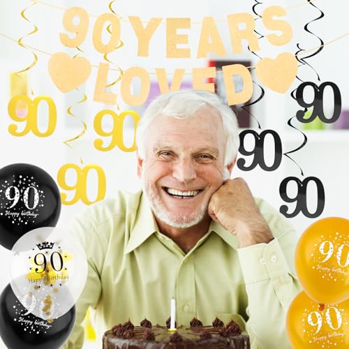 90th Birthday Decorations Set - Gold Banner, Balloons & Swirls