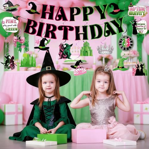 Witch Birthday Decorations Set - Pink & Green Banner & Swirl Streamers
