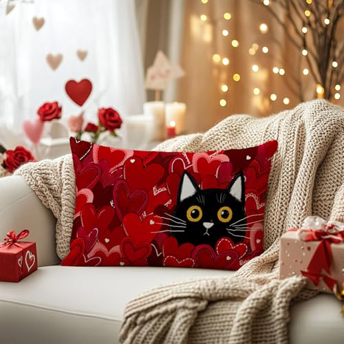 Valentine's Day Cat Pillow Cover - 12x20 Inch Red Heart Decor