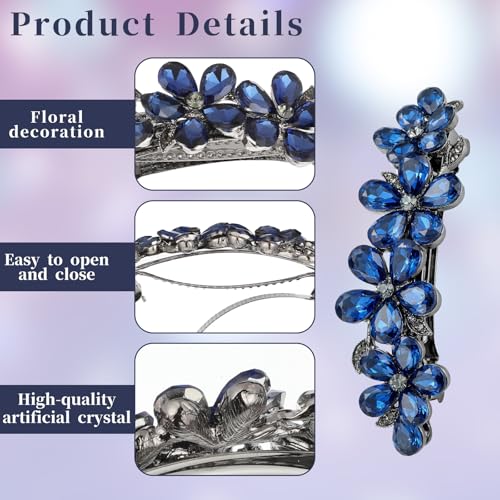 Blue Crystal Flower Hair Barrette Rhinestone Wedding Clip for Women