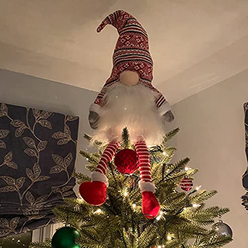 Red Gnome Christmas Tree Topper - Plush Santa Gnome Ornament for Holiday Decor