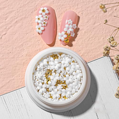 BitsyRizz 3D White Flower Nail Art Charms with Gold Steel Beads for DIY Manicure