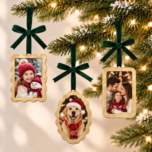Fumete Vintage Brass Christmas Picture Frame Ornaments Set - 9 Pieces, 2.5 x 3.5 Inch, Gold