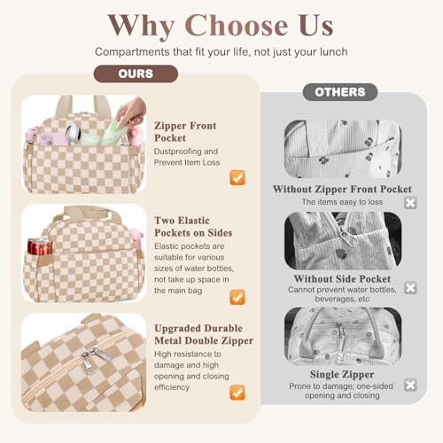 KUBYA Corduroy Insulated Lunch Bag for Women, Medium 10L Brown Girds