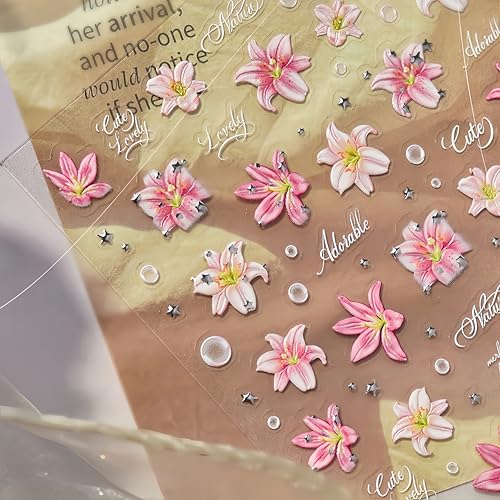 5D Embossed Pink Flower Nail Stickers Summer Floral Decals