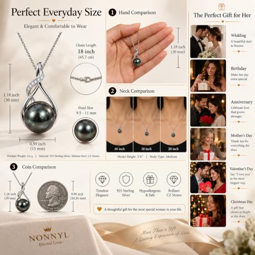 Tahitian Black Pearl Necklace Gift for Women, Wife, Mom - Anniversary Jewelry