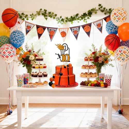 10th Birthday Basketball Cake Topper - Glitter Sports Decoration
