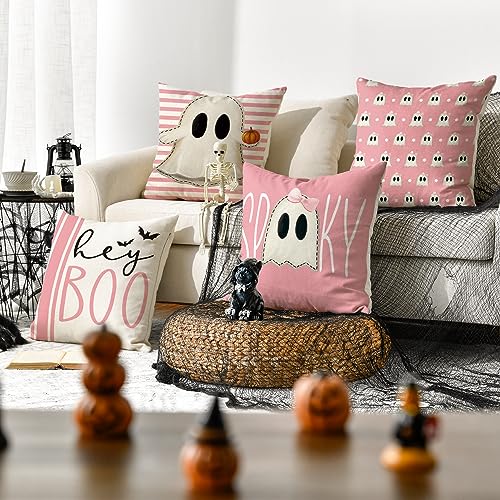 AVOIN colorlife Halloween Pink Ghost Throw Pillow Covers 18x18 Inches Set of 4