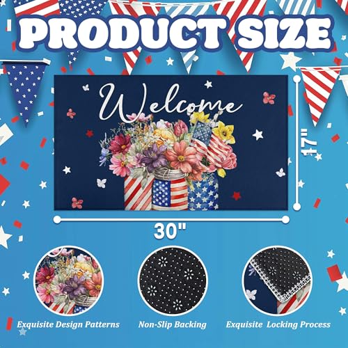 Patriotic Floral Welcome Door Mat 17"x30", American Flag Glass Bottle