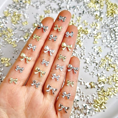 Tephrent 100Pcs Metal Bow Nail Gems and Charms - Gold & Silver Rhinestones