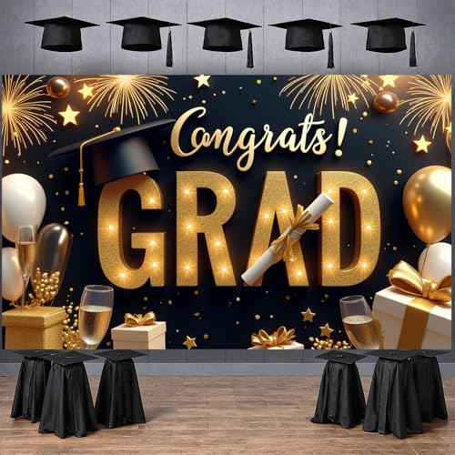 Congrats Grad Banner - Black Gold Graduation Party Decoration 2026