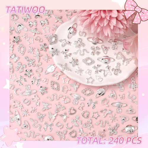240Pcs 3D Silver Nail Charms Mixed Alloy Bows Star Butterfly Y2K DIY