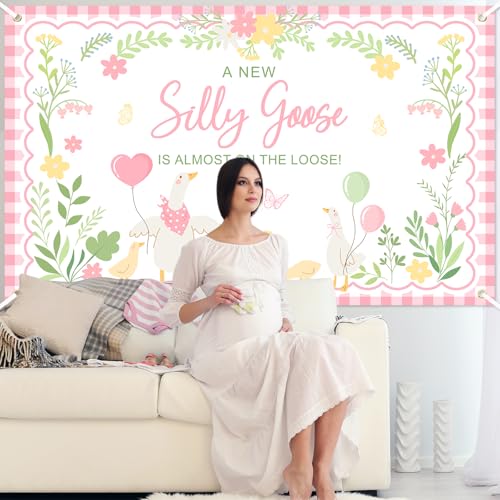 Silly Goose Baby Shower Banner - Pink Plaid Floral Backdrop (6x3.6ft)
