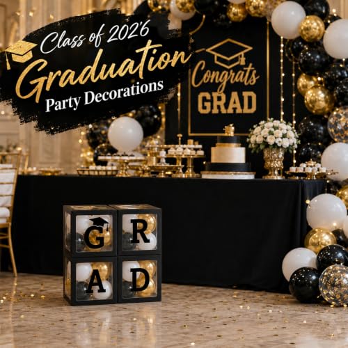 2026 Graduation Balloon Box Set - Black, White & Gold Party Decorations